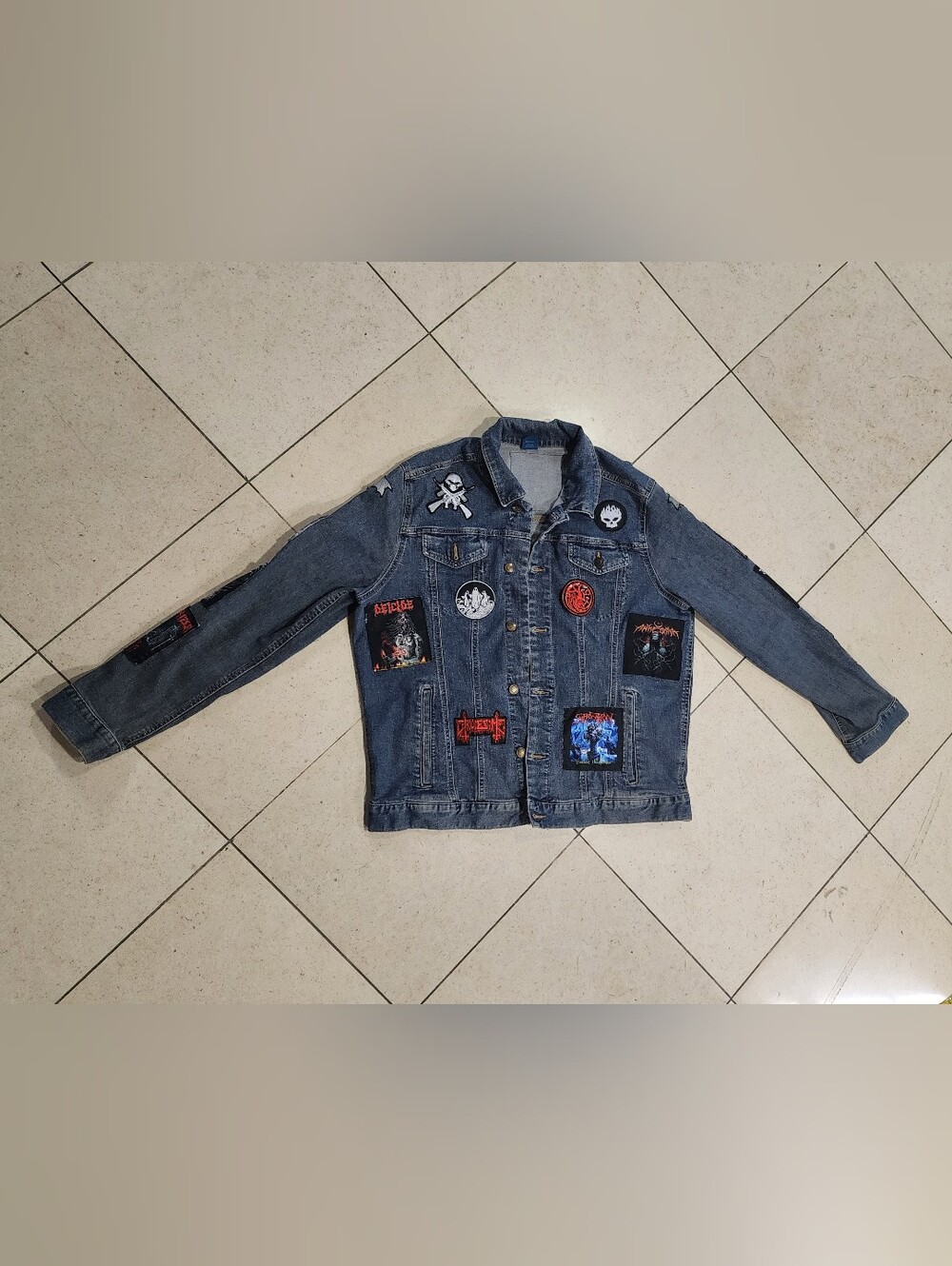 George Denim Jacket With Heavy Death Metal Patches Adult Mens Size XL
